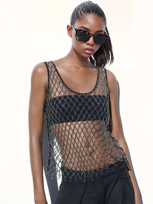 Pure Handmade Crochet No Sleeve Hollow Out Top with Pearls Rhinestone,Mesh Ups Cover